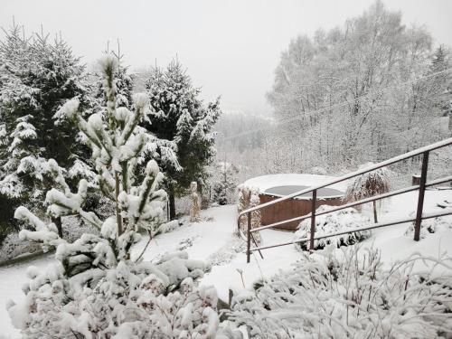a snow covered garden with a fence and a bush at Chatka Beskidzka in Targanice