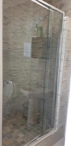 a shower with a glass door in a bathroom at The Sleeping Bao B&B in Pietermaritzburg