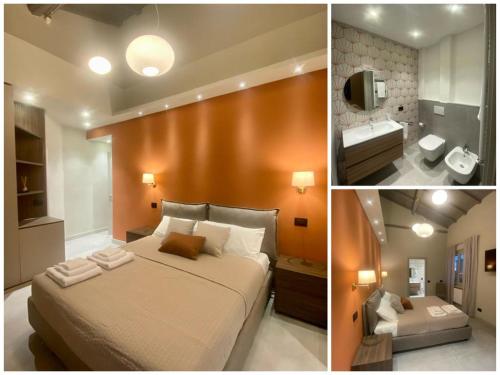 two pictures of a bedroom with a bed and a bathroom at Sogni d'artista in Pietrasanta