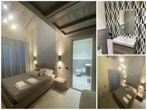 two pictures of a bedroom with a bed and a bathroom at Sogni d'artista in Pietrasanta