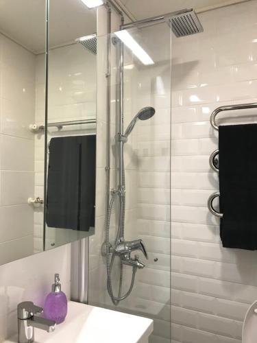 uma casa de banho com um chuveiro, um lavatório e um espelho. em Beautiful city apartment at Kallio em Helsinque