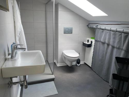 ein Bad mit einem Waschbecken und einem WC in der Unterkunft Ferienwohnung Auf der Heide in Ehringshausen