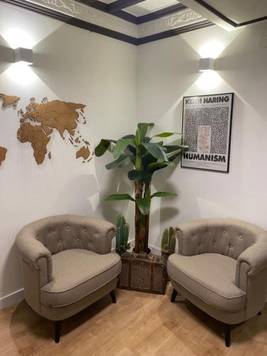 two chairs and a plant in a room at Happy Hostal Carrales in Burgos