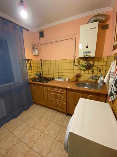 een kleine keuken met een wastafel en een aanrecht bij Лофт in Tsjernivsi