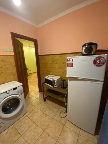 een wasruimte met een koelkast en een magnetron bij Лофт in Tsjernivsi