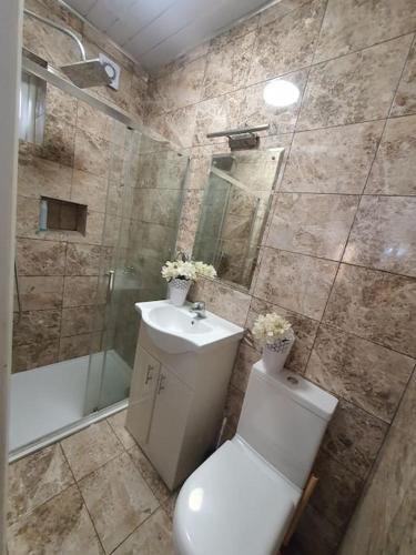 a bathroom with a toilet and a sink and a shower at Studio in London with free parking on premises in Thornton Heath