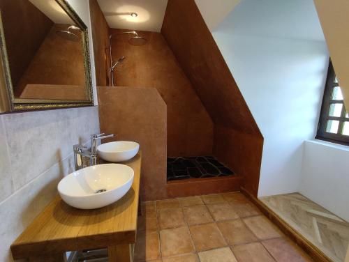 y baño con lavabo y espejo. en Château de Chauvac - Chambres et table d'hôtes avec vue sur la rivière en Bassignac-le-Bas