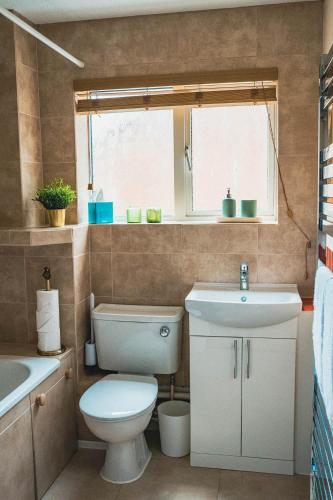 a bathroom with a toilet and a sink and a window at JADE - Cambridge Rental with Garden and BBQ, Near City Centre in Cambridge