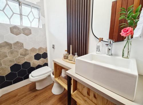 a bathroom with a sink and a toilet and a mirror at Casa Três Rios - Campos do Jordão in Campos do Jordão