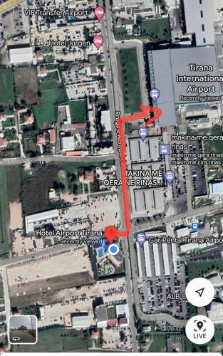 a map of a street with a red circle at Hotel Airport Tirana in Rinas