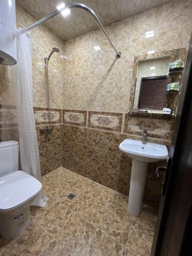 NAREMA FAMILY HOTEL Meghri في Meghri: حمام مع مرحاض ومغسلة ودش