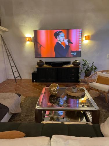 a living room with a flat screen tv at Le Mas des Perrines Maison d’Hôtes in Pernes-les-Fontaines