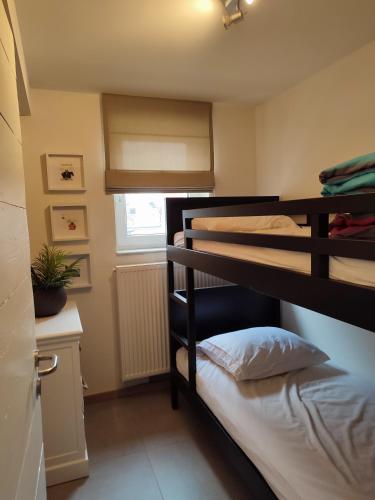 a bedroom with two bunk beds in a room at Le Knok'Koon Un cocon à Knokke avec garage et emplacement gratuits in Knokke-Heist