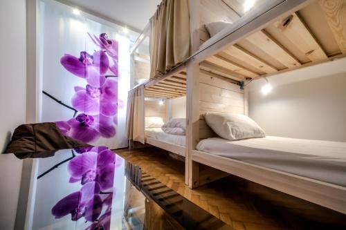 Zimmer mit 2 Etagenbetten mit lila Blumen an der Wand in der Unterkunft SOVA Apartment Lviv Сenter Сity in Lwiw