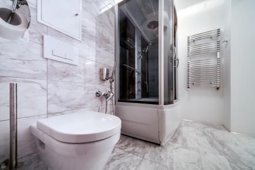 ein weißes Bad mit einem WC und einer Dusche in der Unterkunft SOVA Apartment Lviv Сenter Сity in Lwiw