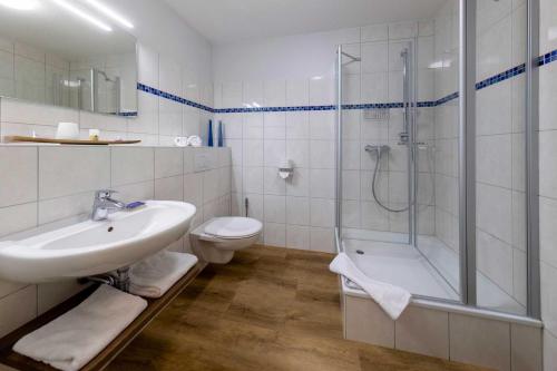 ein Bad mit einem Waschbecken, einer Dusche und einem WC in der Unterkunft Landgasthof Struckum in Struckum