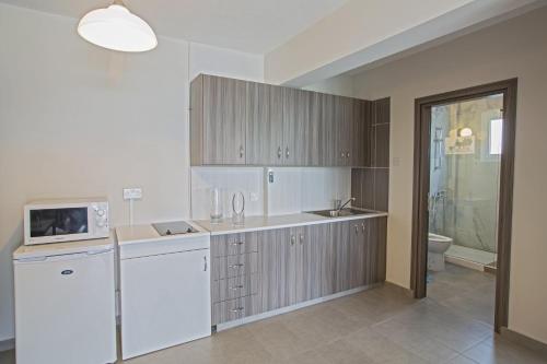 a kitchen with a sink and a microwave at Ayia Napa Holiday Apartment So1 in Ayia Napa