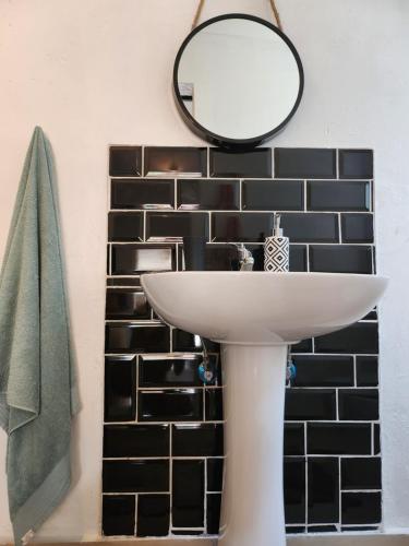 een badkamer met een wastafel en een spiegel bij Trendy Johannesburg Cottages in Johannesburg