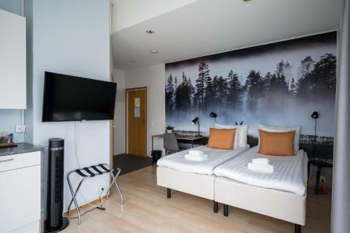 een slaapkamer met een bed en een flatscreen-tv bij Hiisi Hotel Lohja in Lohja