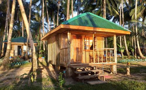a small wooden house in the middle of palm trees at Arkadia Beach Resort Underground River in Sabang