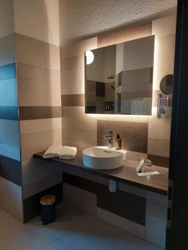La salle de bains est pourvue d'un lavabo et d'un miroir. dans l'établissement Kza Jura Swiss, à Courtedoux