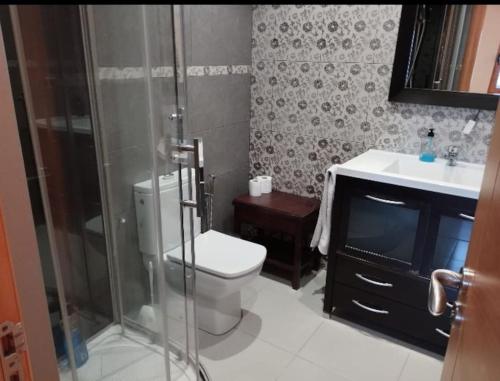 a bathroom with a shower and a toilet and a sink at Adosado al lado del Torreón in Benicàssim