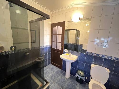 y baño con lavabo, aseo y ducha. en Habitación Privada-Corso Cbba 23, en Cochabamba