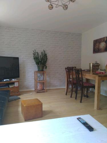 a living room with a table and chairs and a television at Felix in Harwell