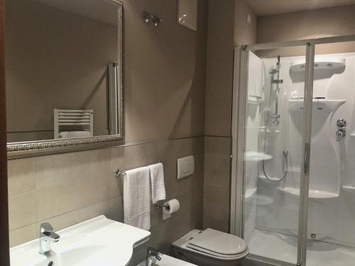 a bathroom with a shower and a toilet and a sink at Hotel Canon d'Oro in Conegliano