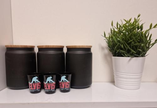 four black containers sitting on a shelf next to a potted plant at Jaffa 17 - Lihi brand new studio in Jerusalem