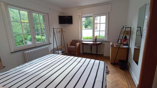 1 dormitorio con 1 cama y 2 ventanas en HIDDEN GEM Centre of BRUGES free PARKING, en Brujas