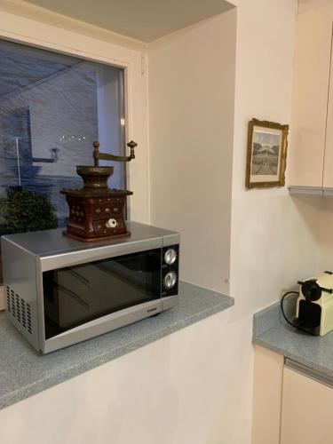 a microwave sitting on a counter in a kitchen at Ferienhaus, Rustico Auf Burg in Locarno