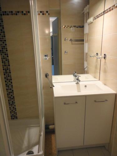 une salle de bain avec un lavabo et une douche dans l'établissement BAIE DES ANGES I Joli T2 cabine piscine proche plage Richelieu Cap d Agde, au Cap d'Agde