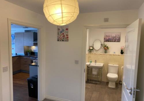 a bathroom with a toilet and a sink and a chandelier at Contemporary, Cosy & Homely 2 Bed Apartment with High-Speed WIFI, Terrace & Free Parking overlooking Stourbridge Common Park & Coldham's Brook in Cambridge