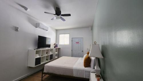 a bedroom with a bed and a ceiling fan at The West Gem in Miami Beach