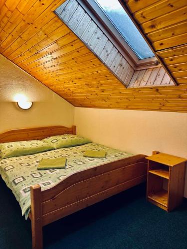 a bedroom with a large bed with a skylight at Penzion pod Brehom in Terchová