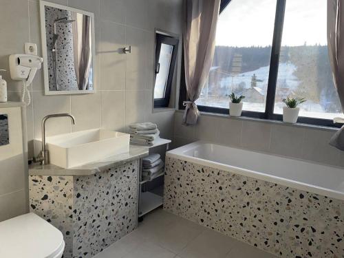 ein Badezimmer mit einer Badewanne, einem Waschbecken und einem WC in der Unterkunft Tustan Apart in Urych
