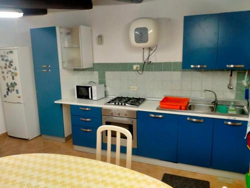 uma cozinha com armários azuis, um fogão e um lavatório em Azienda Agricola "Valle dell'Alento" em Chieti