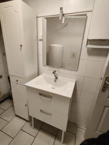 une salle de bain blanche avec un lavabo et un miroir dans l'établissement Appartement calme au centre ville proche tribunaux, à Douai