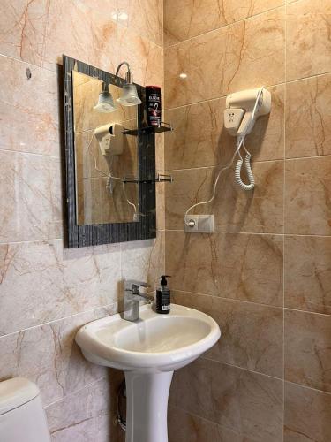 a bathroom with a sink and a mirror at Woodland Borjomi in Borjomi