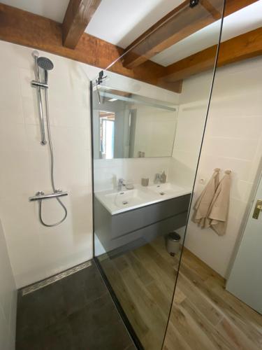 uma casa de banho com um chuveiro e um lavatório. em Village Océlandes em Saint-Julien-en-Born