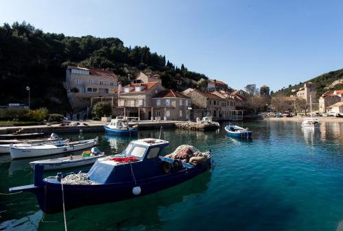 a small boat is docked in a harbor at Mali Skoj Apartment in Suđurađ