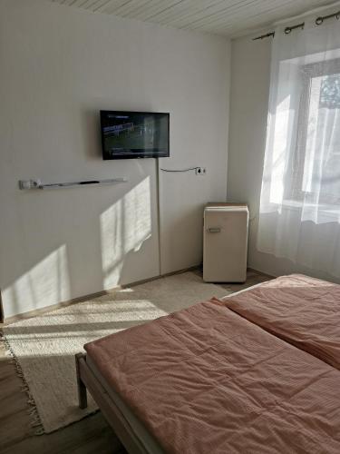 1 dormitorio con 1 cama y TV en la pared en Lizi Apartman, en Harkány