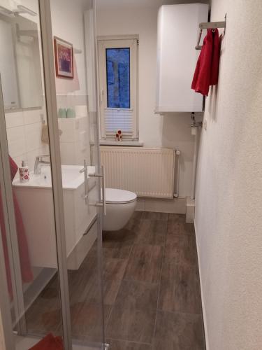uma pequena casa de banho com WC e lavatório em Ferienwohnung Rathke em Sorge