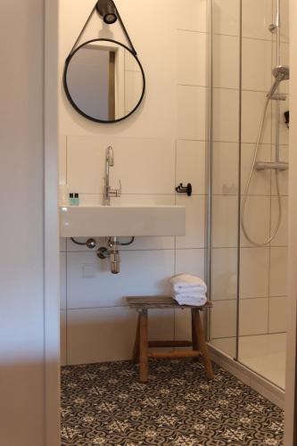 uma casa de banho com um lavatório e um chuveiro em Porcus Campus em Aarle-Rixtel
