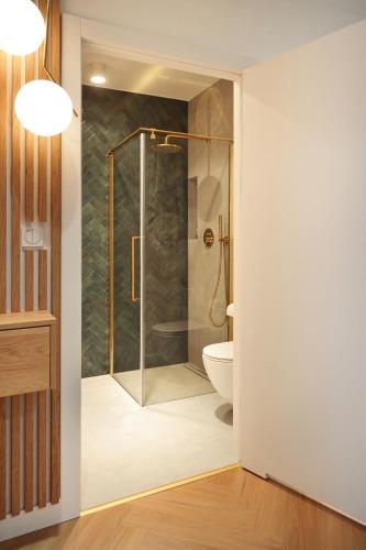 a bathroom with a shower and a toilet at Sand & Wave - Luxury Marina View Apartment with Spa, Pool & Free Parking in Dziwnów