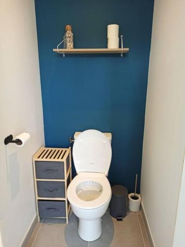 La salle de bains est pourvue de toilettes blanches et d'un mur bleu. dans l'établissement Superbe appartement Trébeurden proche mer, parking, à Trébeurden