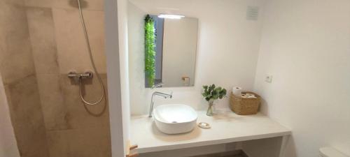 a bathroom with a sink and a shower with a mirror at Cosy Beach Loft Pedras Del Rei in Pedras de El-Rei