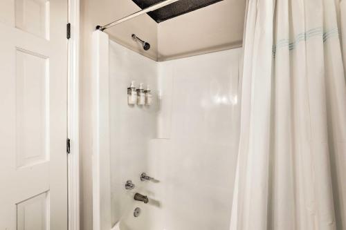 ein Bad mit Dusche und Duschvorhang in der Unterkunft Modern Apartment 6 Mi to Stone Mountain Park in Stone Mountain