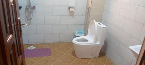 a bathroom with a white toilet and a shower at Das Berliner Hotel in Kampala